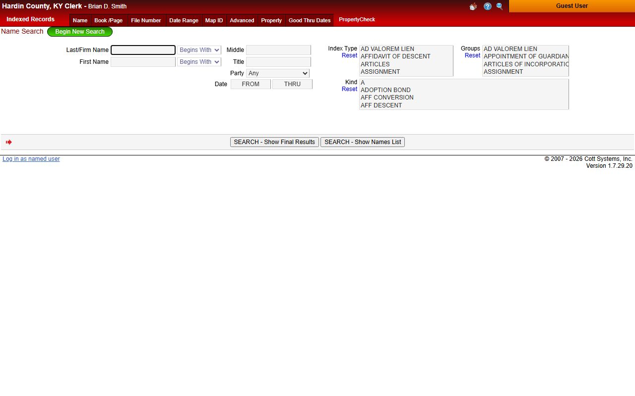 Hardin County Clerk eSearch database for land records